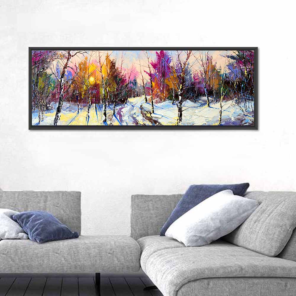 Snowy Birch Path at Sunset Wall Art in a room, panoramic