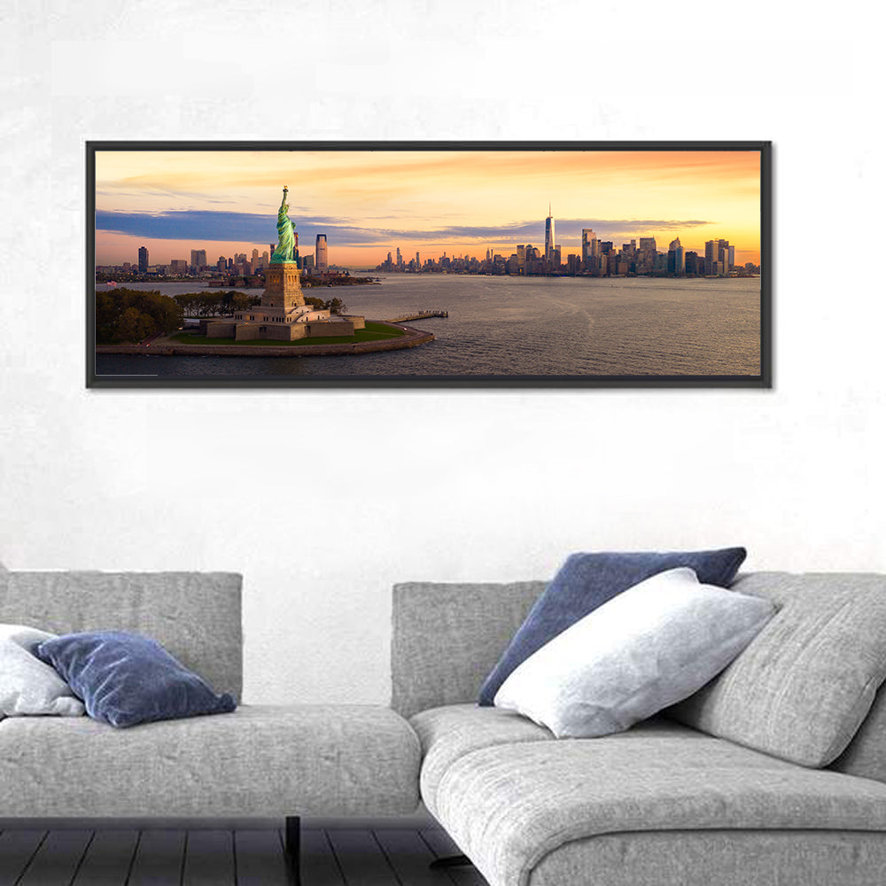 Statue of Liberty Golden Hour Wall Art in a room, panoramic
