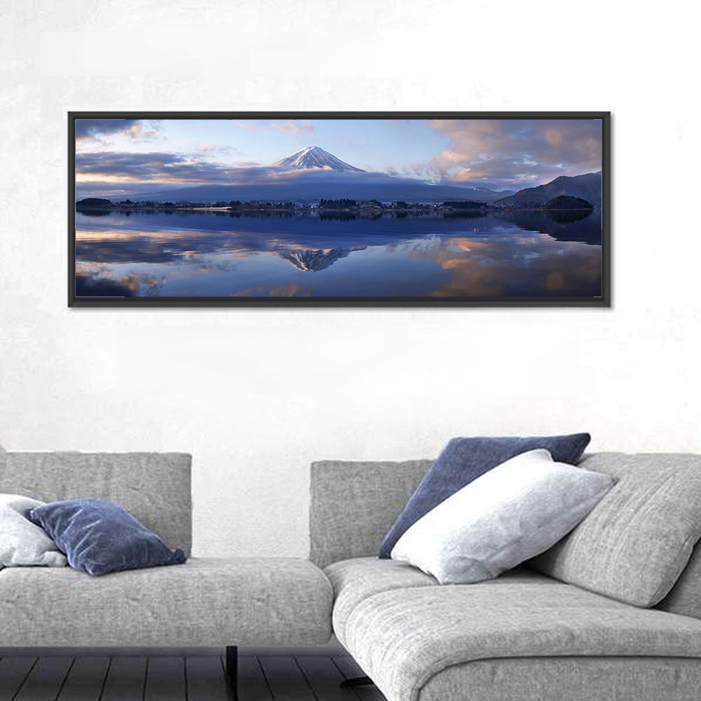 Mount Fuji Reflection at Lake Kawaguchi Wall Art in a room, panoramic