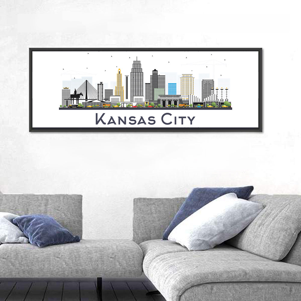 Kansas City Skyline Wall Art in a room, panoramic