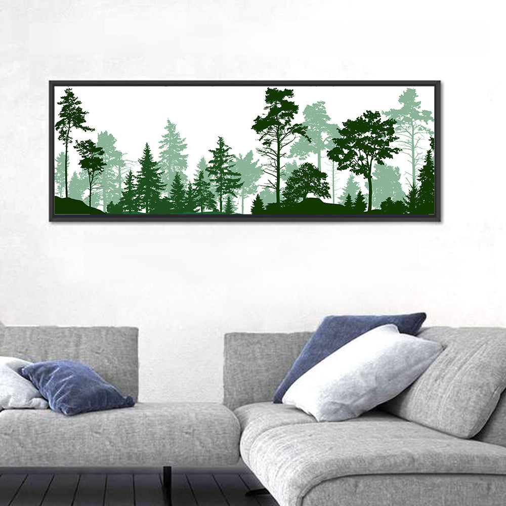 Layered Green Forest Silhouette Wall Art in a room, panoramic