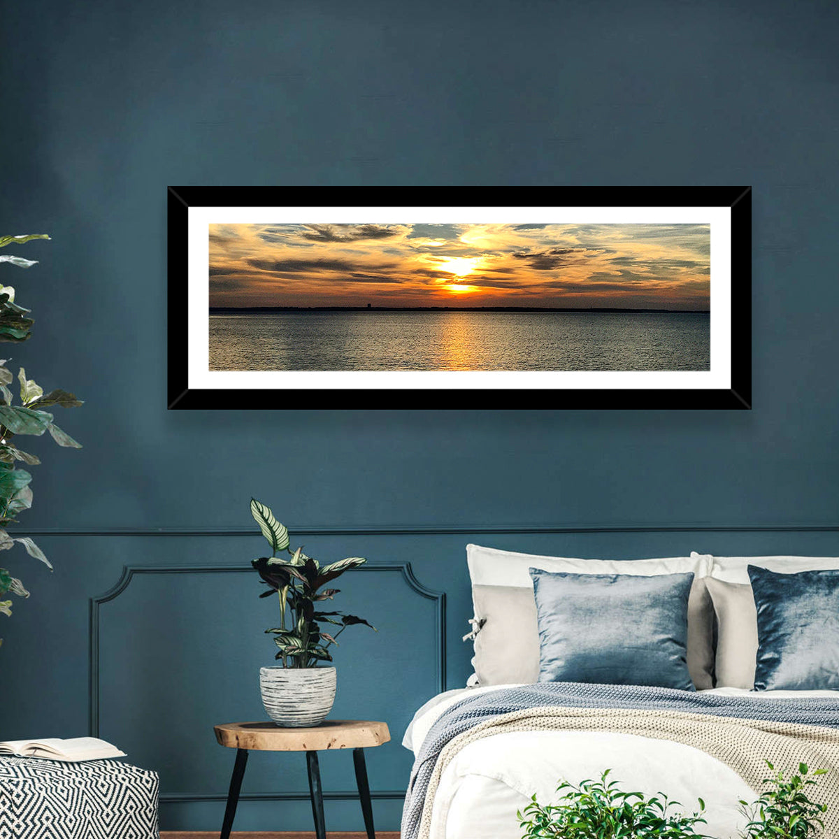 Texoma Lake Sunset Wall Art in a room, panoramic