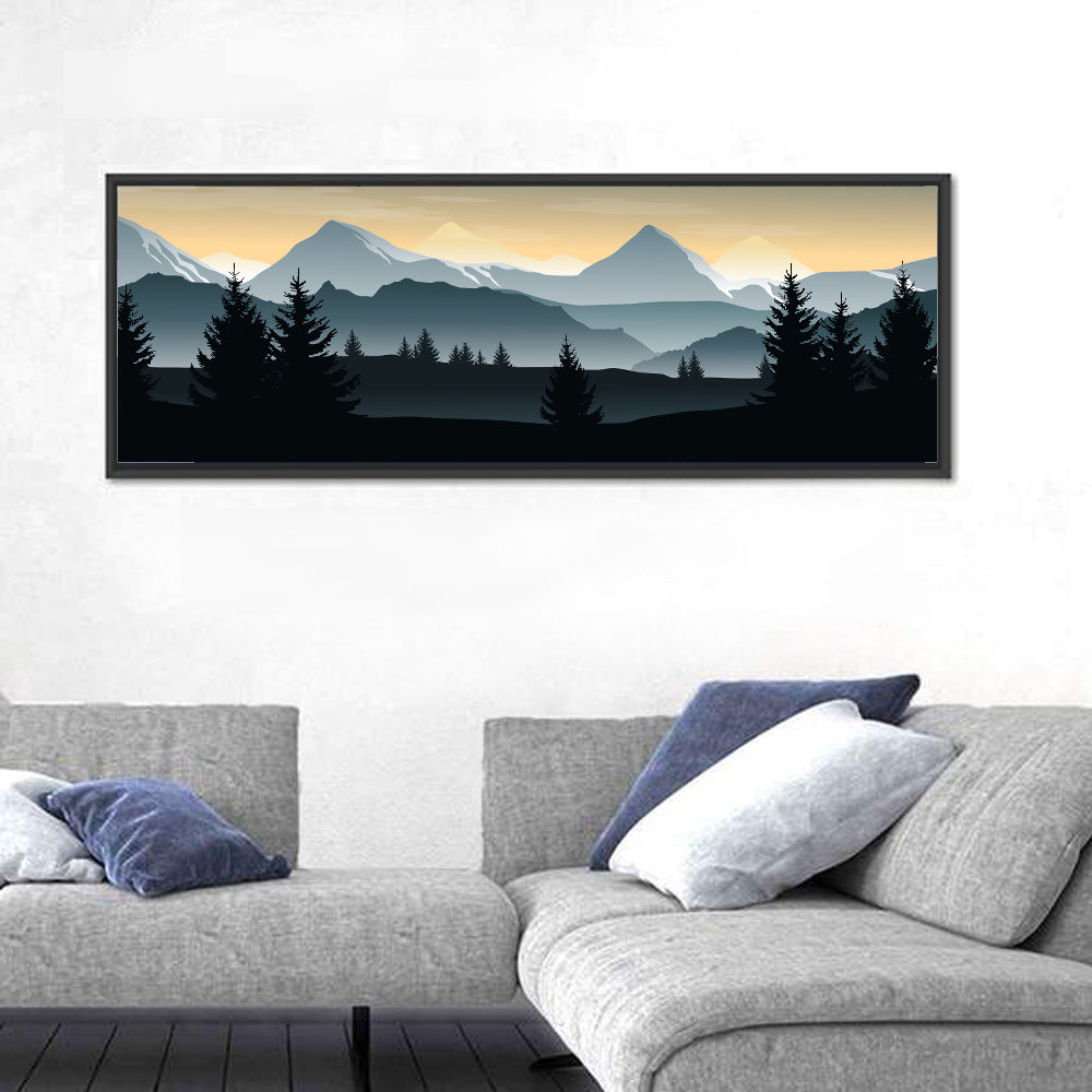 Misty Hills Sunset Silhouette Wall Art in a room, panoramic