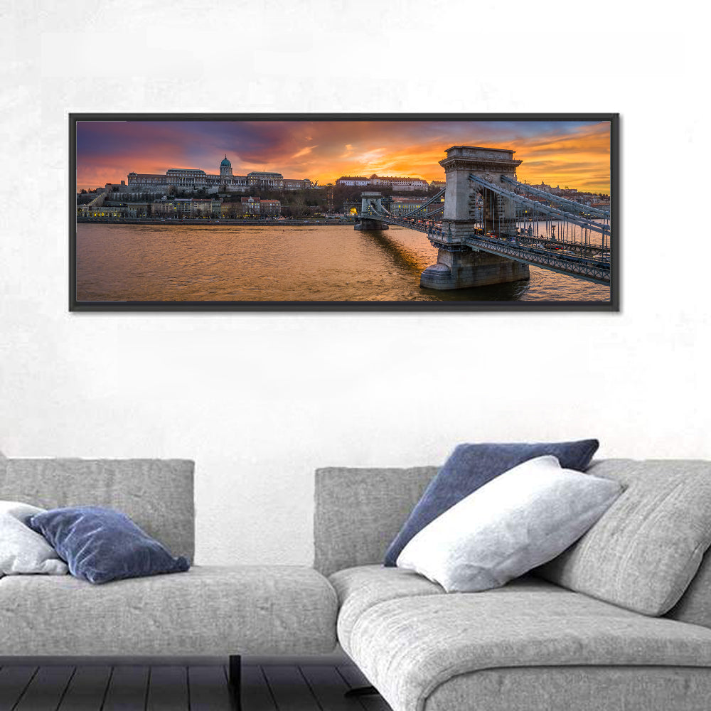 Budapest Chain Bridge at Golden Dusk Wall Art in a room, panoramic