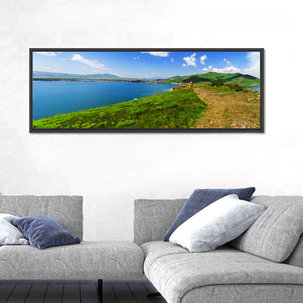 Sevanavank Monastery Above Lake Sevan Wall Art in a room, panoramic