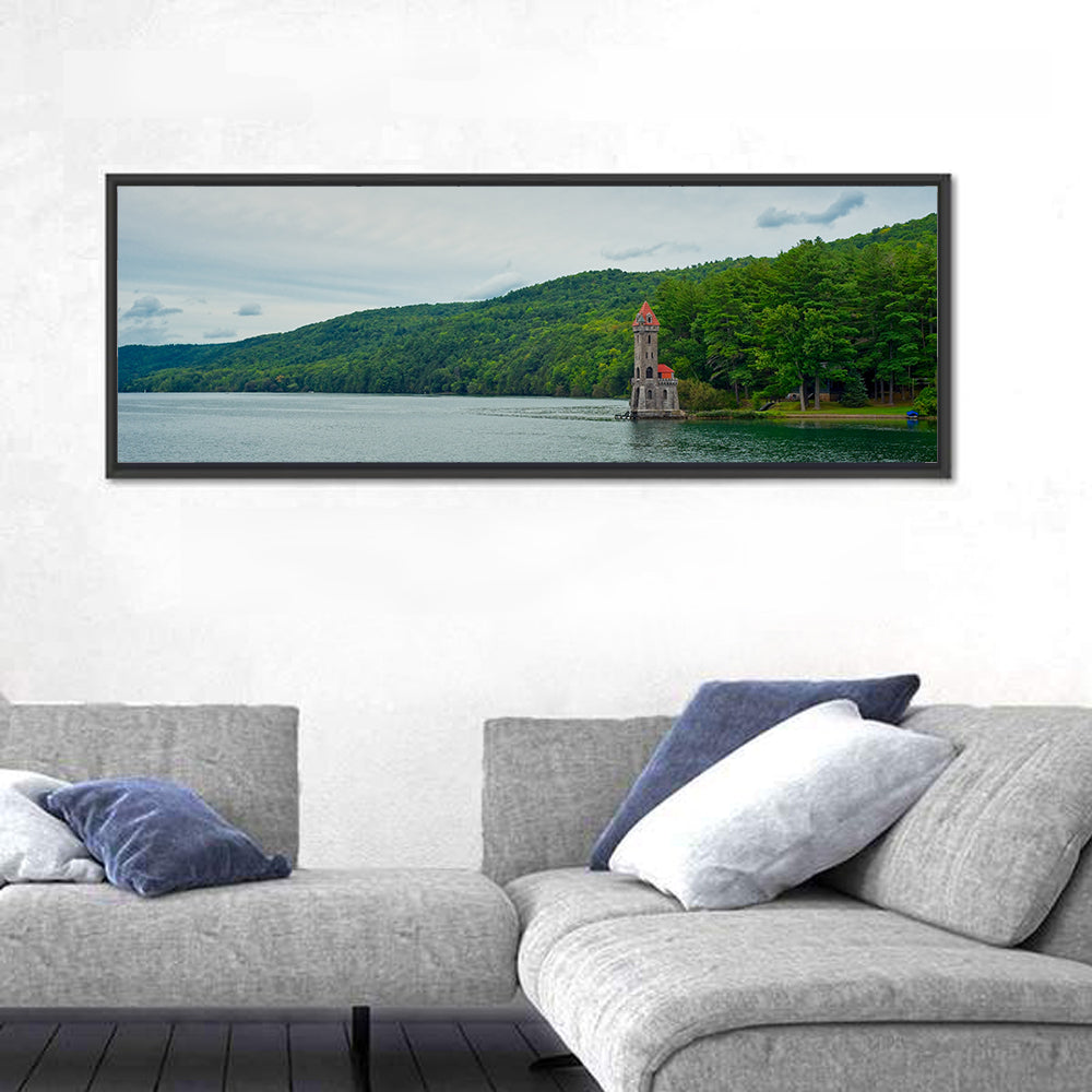 Otsego Lake View with Stone Tower Wall Art in a room, panoramic
