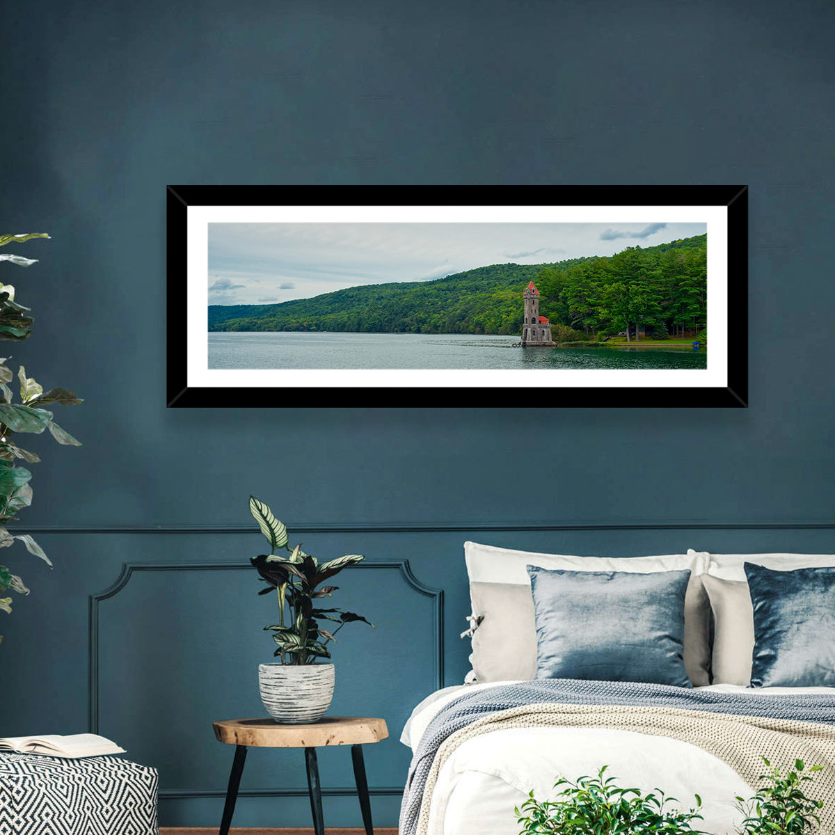 Otsego Lake View with Stone Tower Wall Art in a room, panoramic