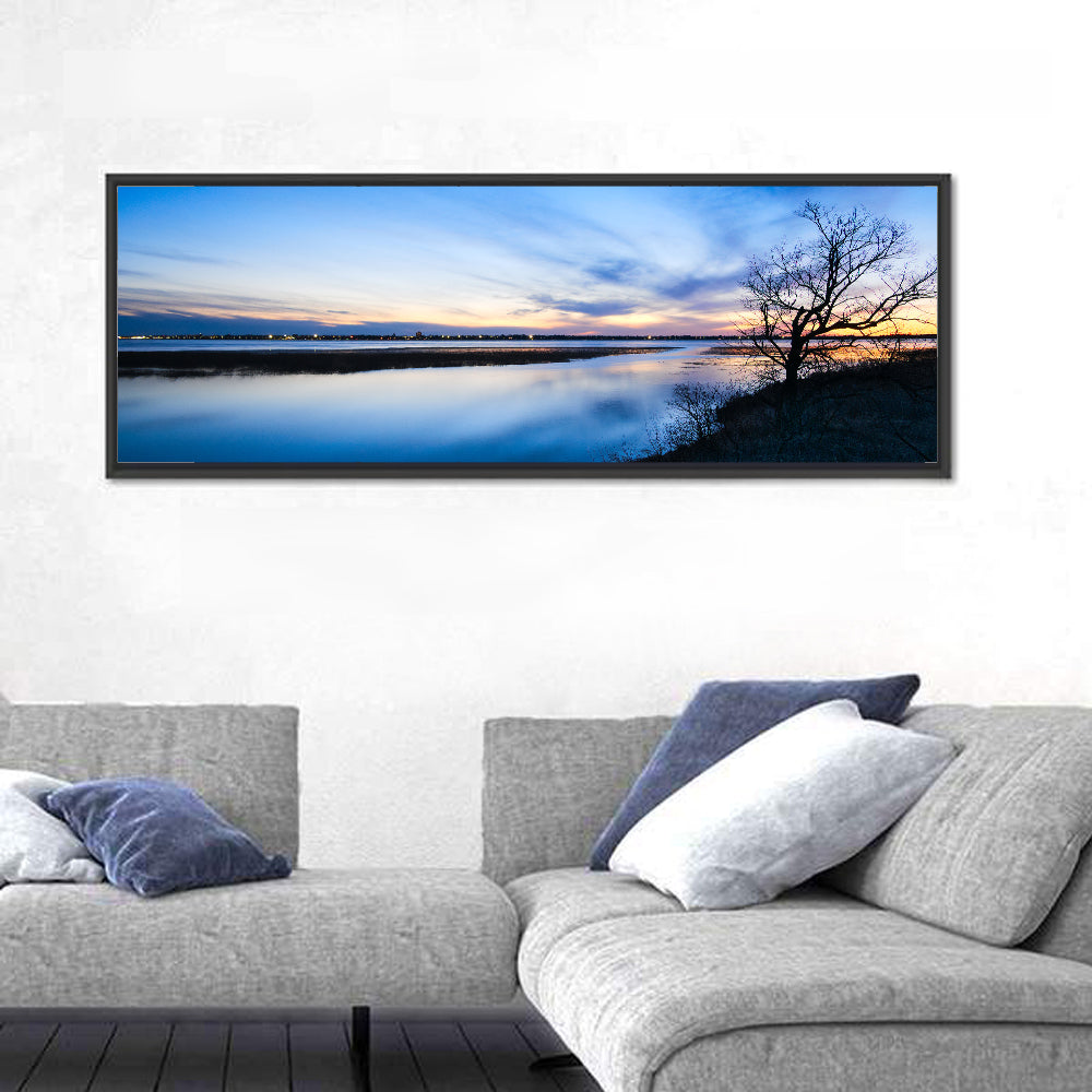 Lake Bemidji Twilight Wall Art in a room, panoramic