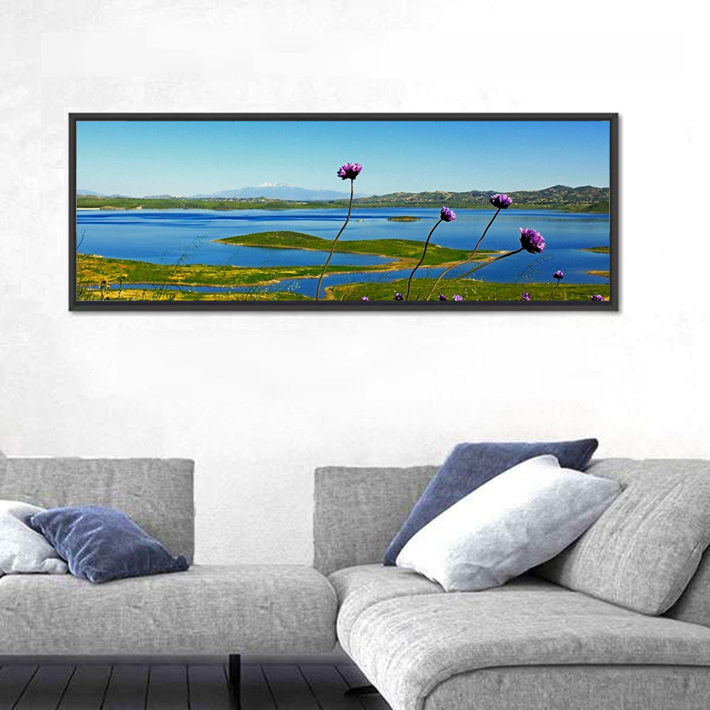 Lake Mathews Wildflower View Wall Art in a room, panoramic