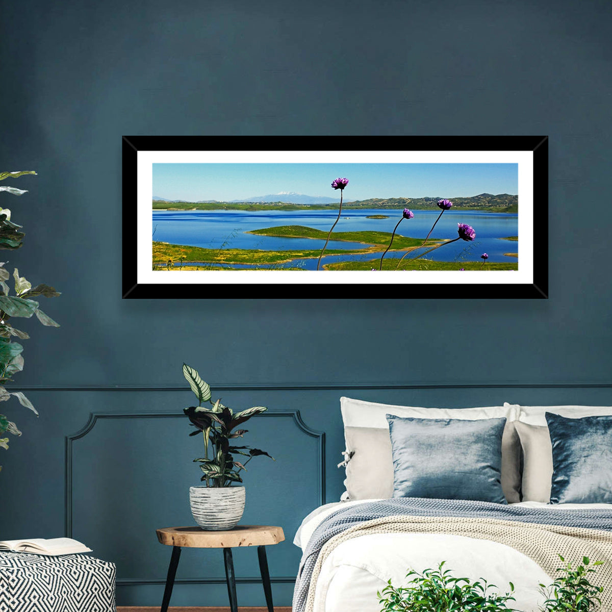 Lake Mathews Wildflower View Wall Art in a room, panoramic