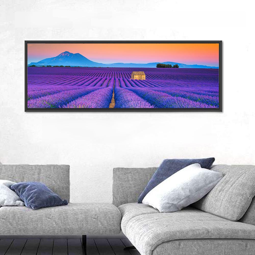 Valensole Lavender Fields at Sunset Wall Art in a room, panoramic