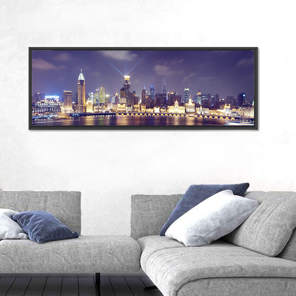 Shanghai Night Skyline Wall Art in a room, panoramic