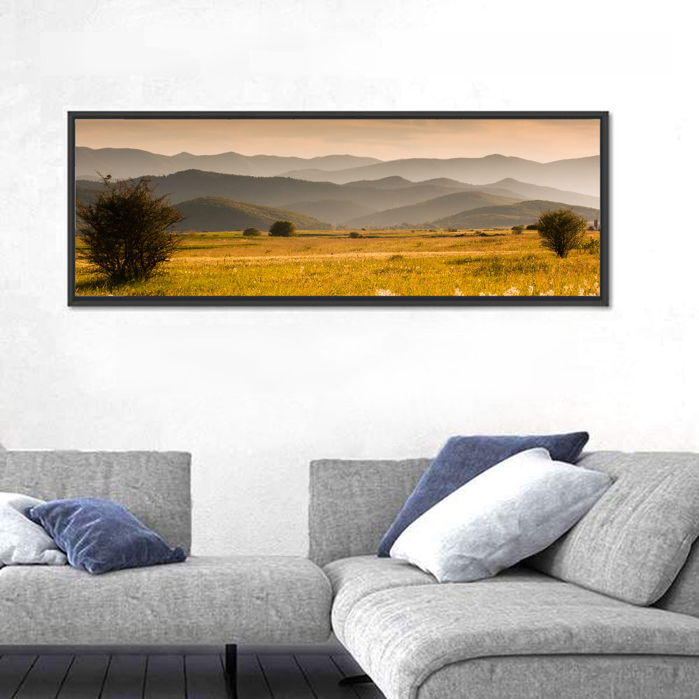 Golden Hour Countryside Hills Wall Art in a room, panoramic