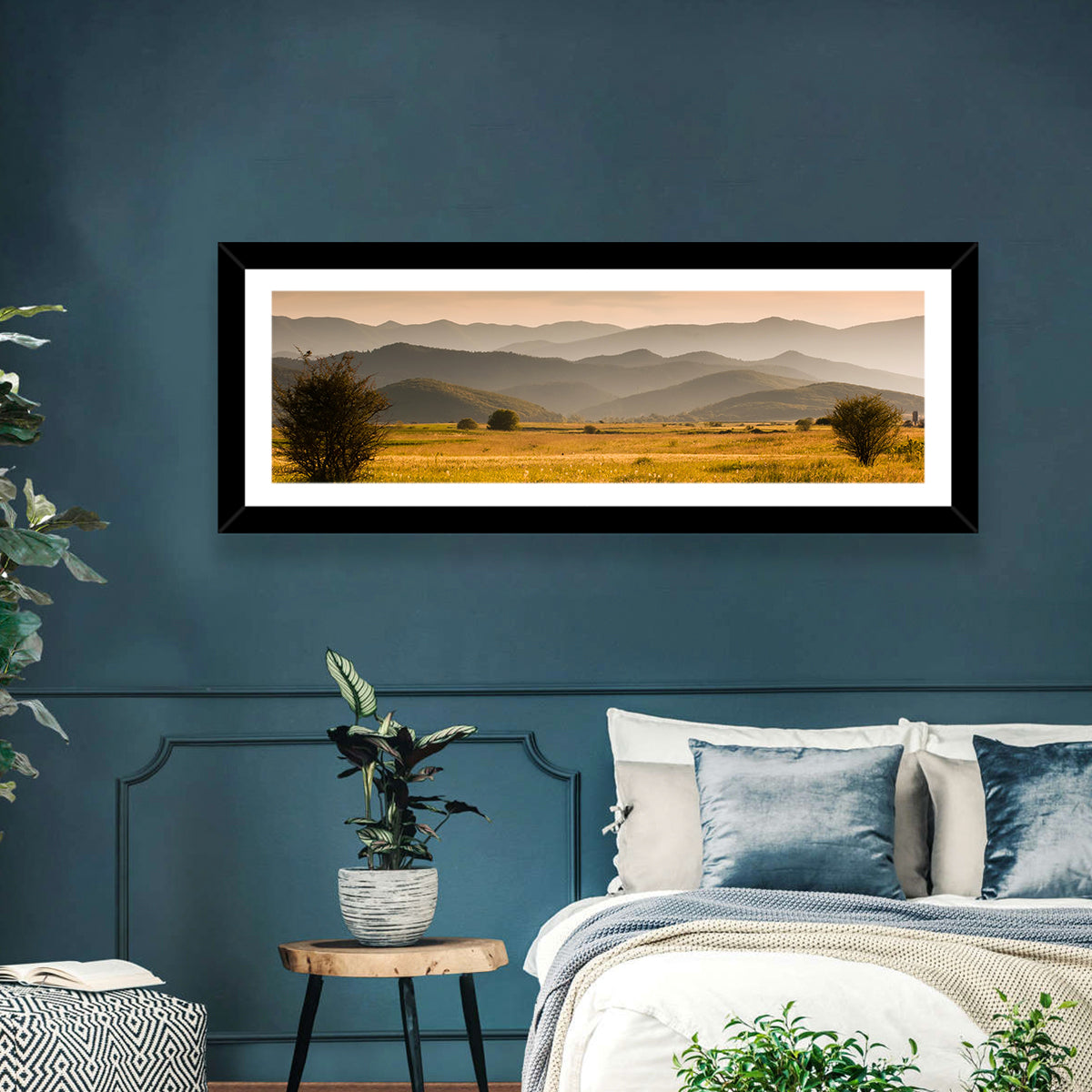 Golden Hour Countryside Hills Wall Art in a room, panoramic