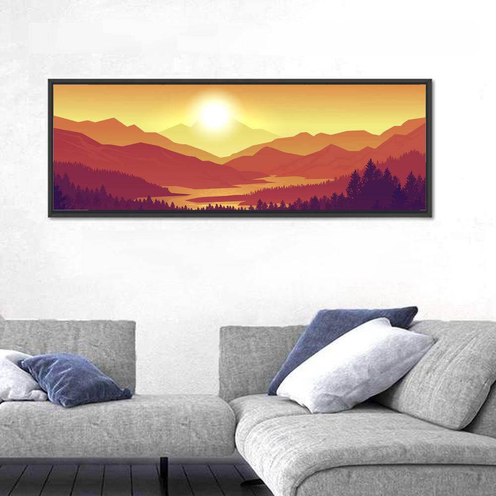 Sunset Pines and Layered Mountains Wall Art in a room, panoramic