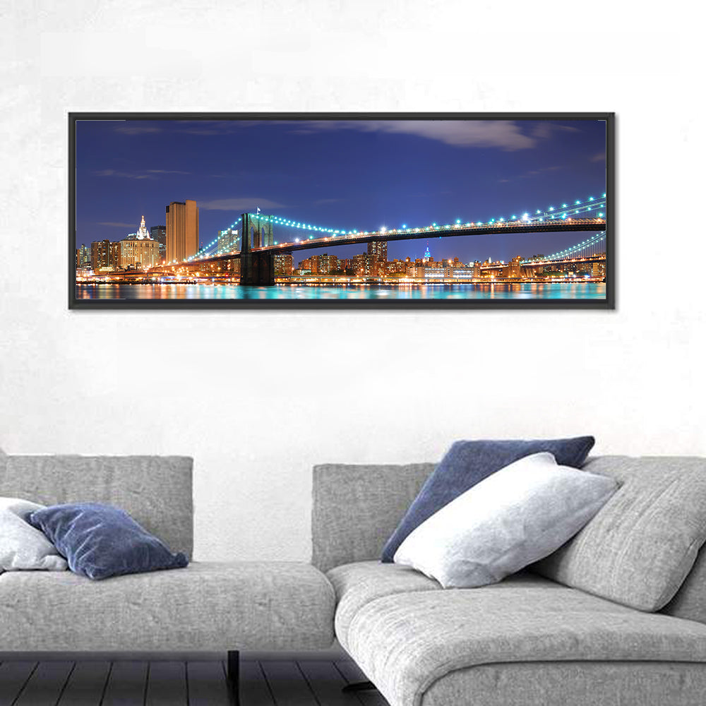 Brooklyn Bridge Night Skyline Wall Art in a room, panoramic
