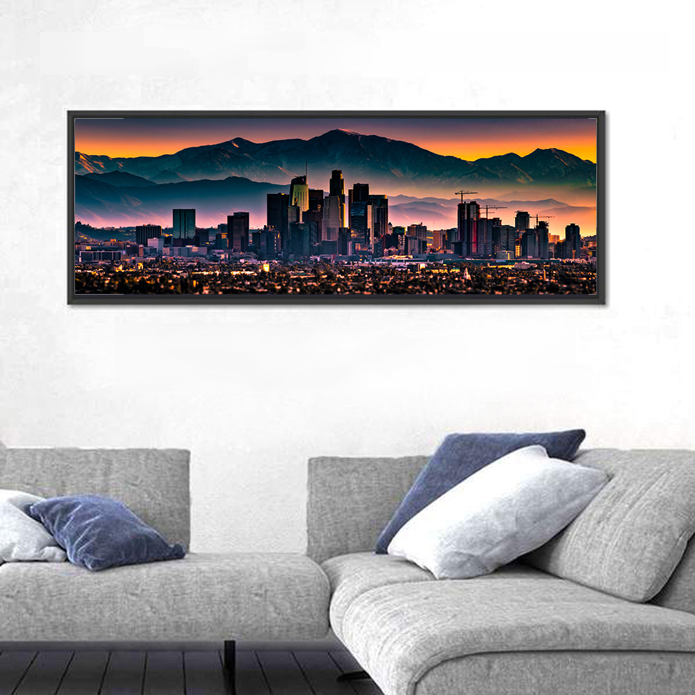Downtown Los Angeles Skyline Wall Art in a room, panoramic