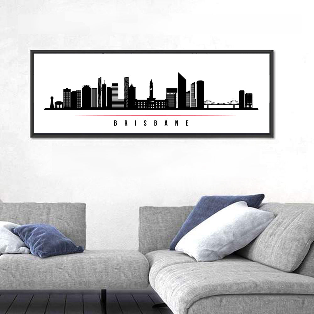 Brisbane City Skyline Wall Art in a room, panoramic