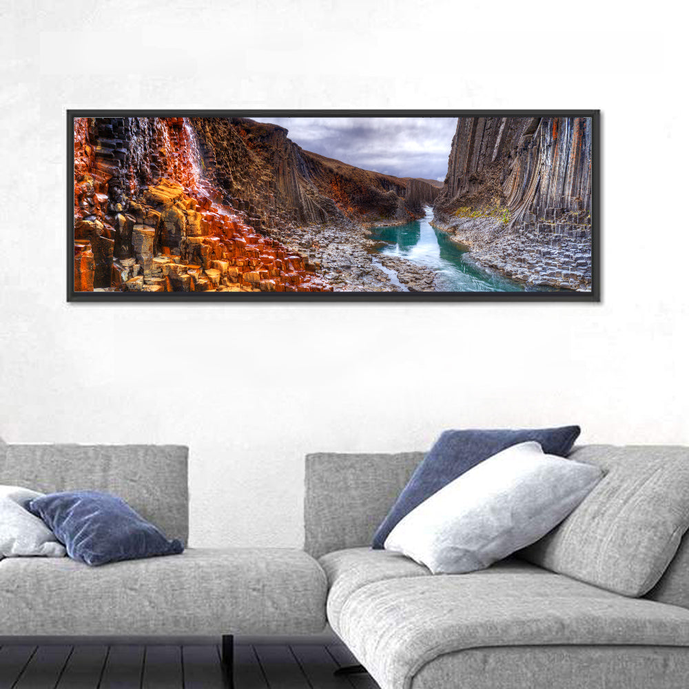 Studlagil Canyon Basalt Columns Wall Art in a room, panoramic