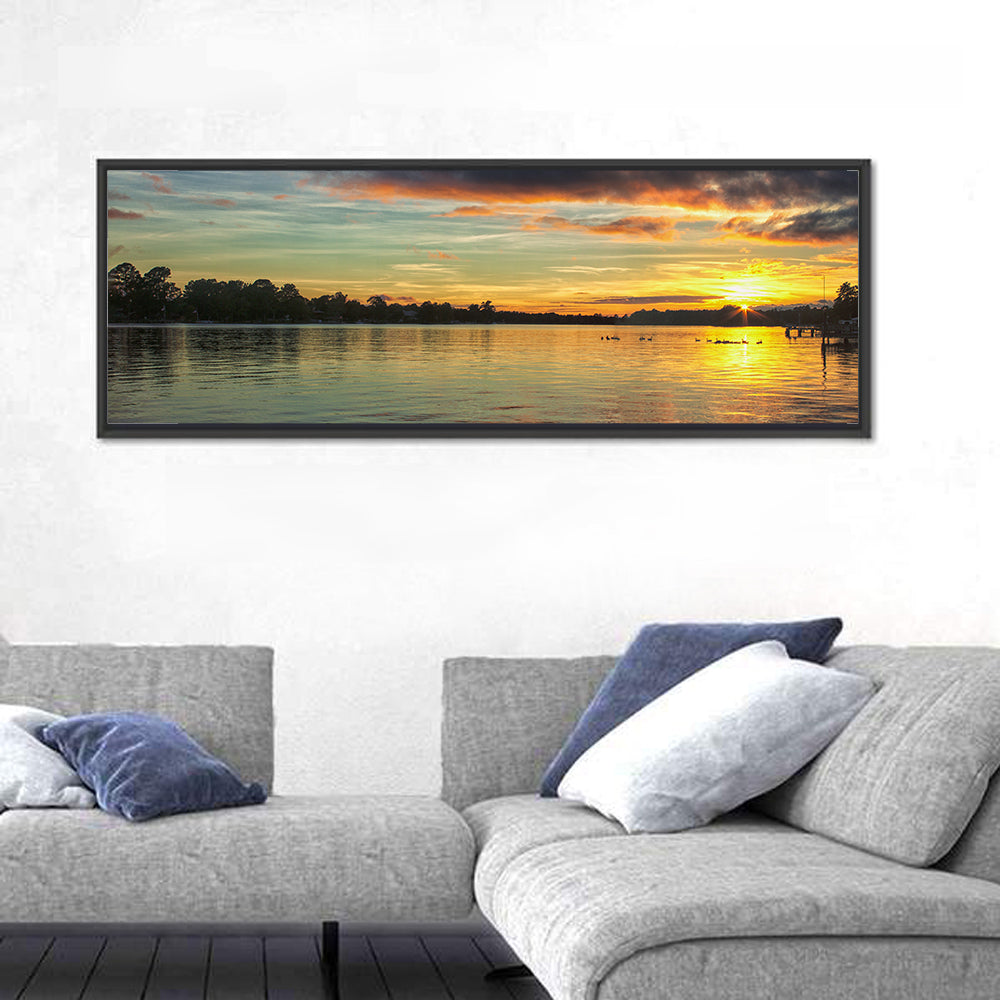 Lake Marion Golden Sunset Wall Art in a room, panoramic