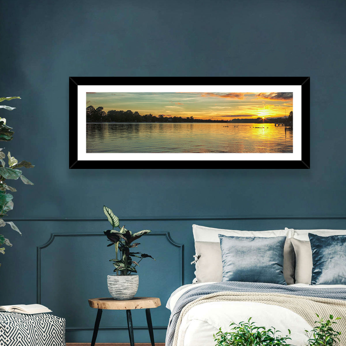 Lake Marion Golden Sunset Wall Art in a room, panoramic