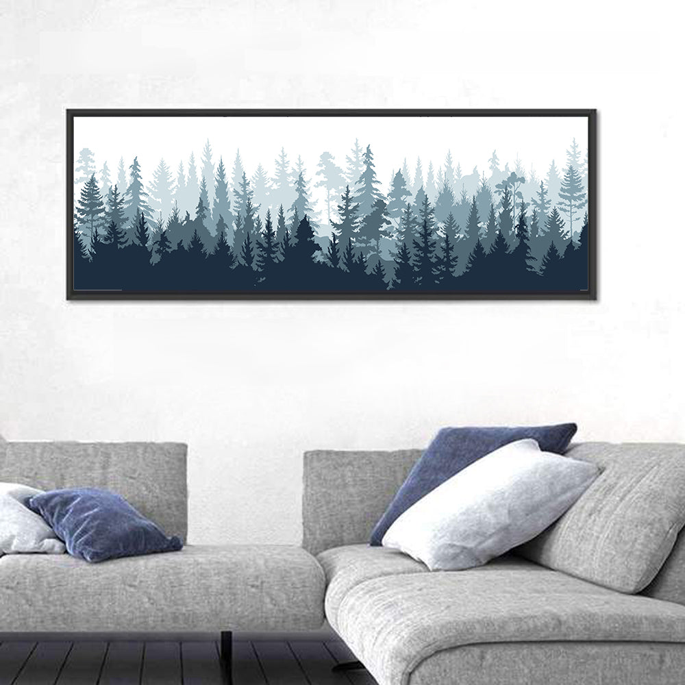 Misty Blue Pine Silhouette Wall Art in a room, panoramic