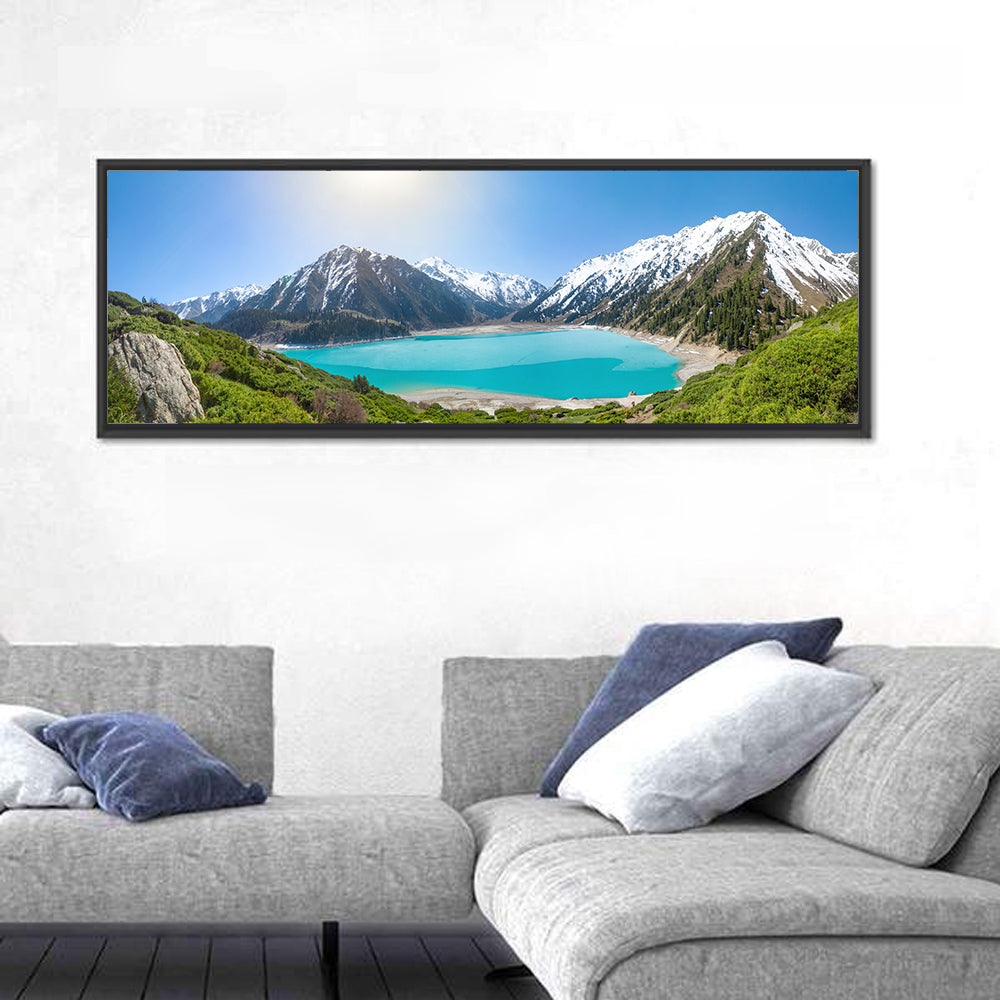 Big Almaty Lake Vista Wall Art in a room, panoramic