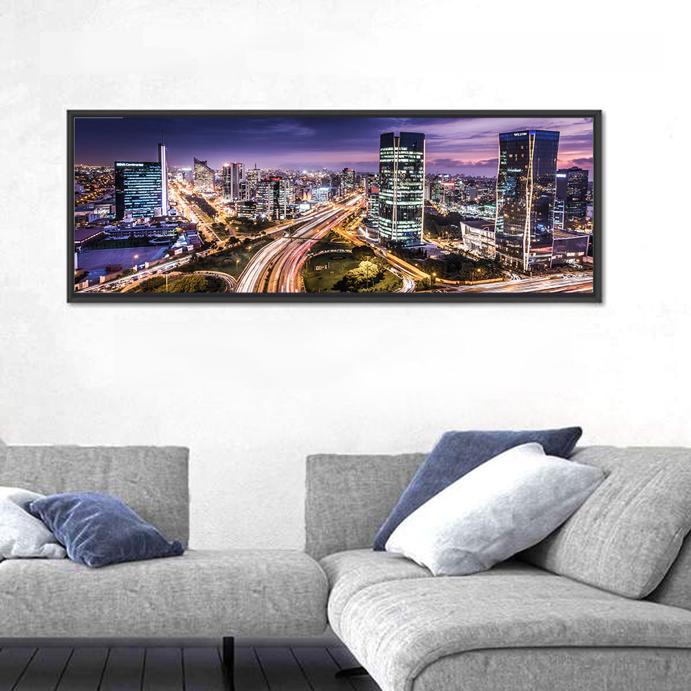 Lima Night Skyline Wall Art in a room, panoramic
