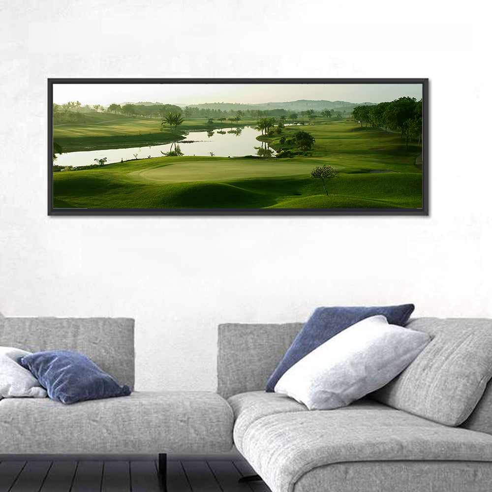Golden Hour Putting Green by the Lake Wall Art in a room, panoramic