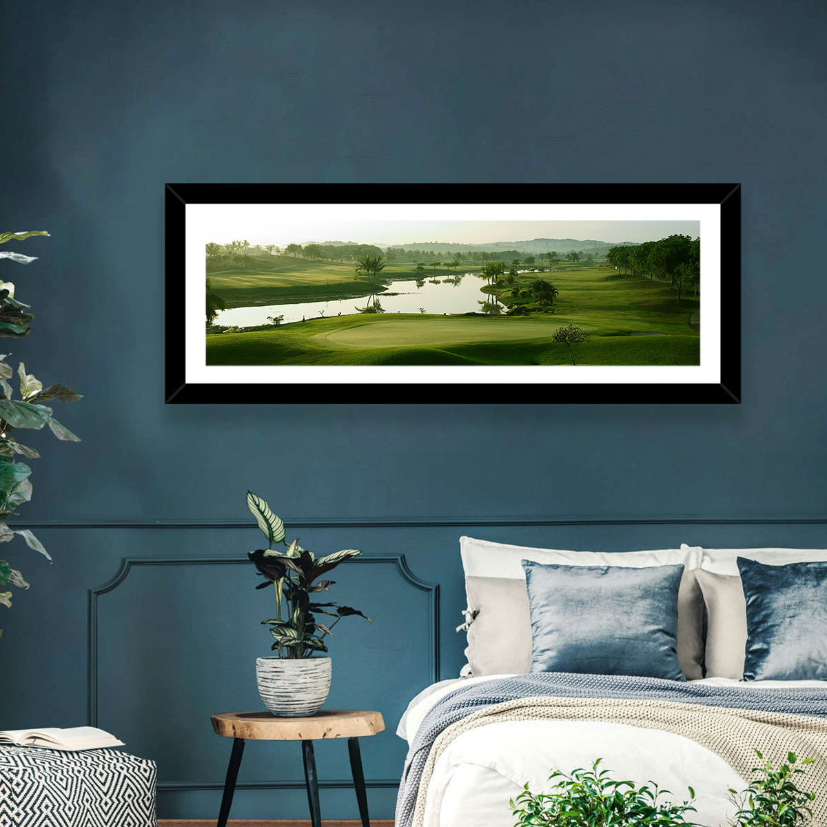 Golden Hour Putting Green by the Lake Wall Art in a room, panoramic