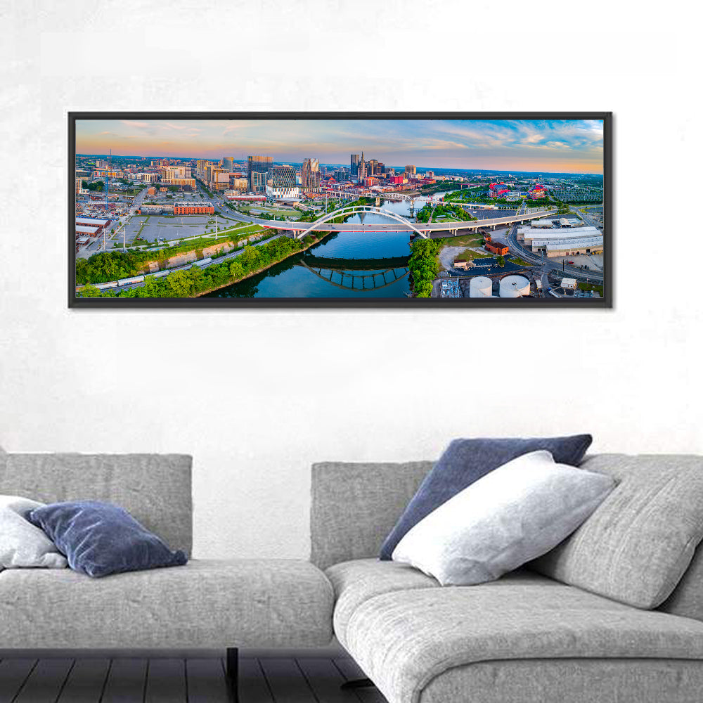 Nashville Skyline at Golden Hour Wall Art in a room, panoramic