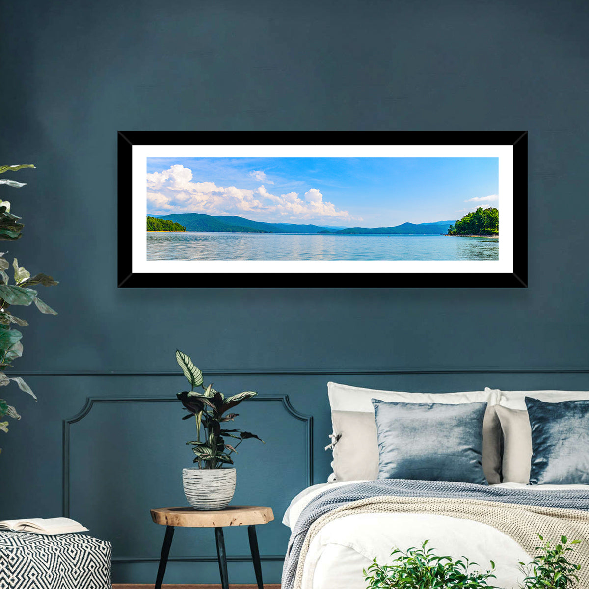 Lake Jocassee Wall Art in a room, panoramic