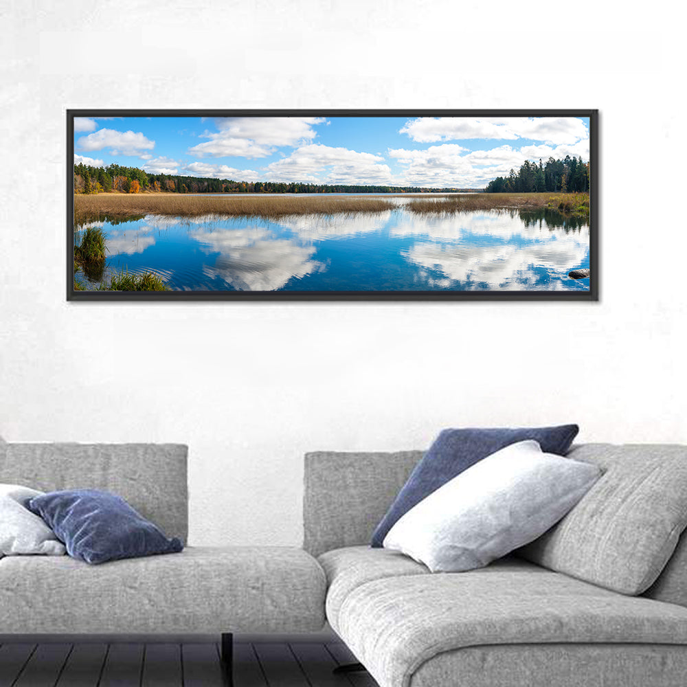 Lake Itasca Reflection Wall Art in a room, panoramic