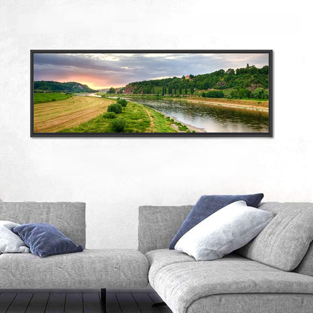 Elbe River at Golden Hour Wall Art in a room, panoramic