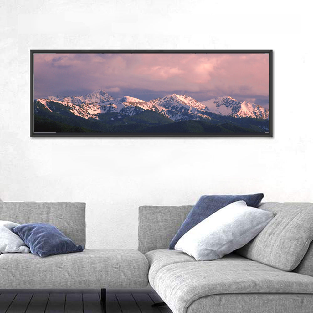 Spanish Peaks Alpenglow Montana Wall Art in a room, panoramic