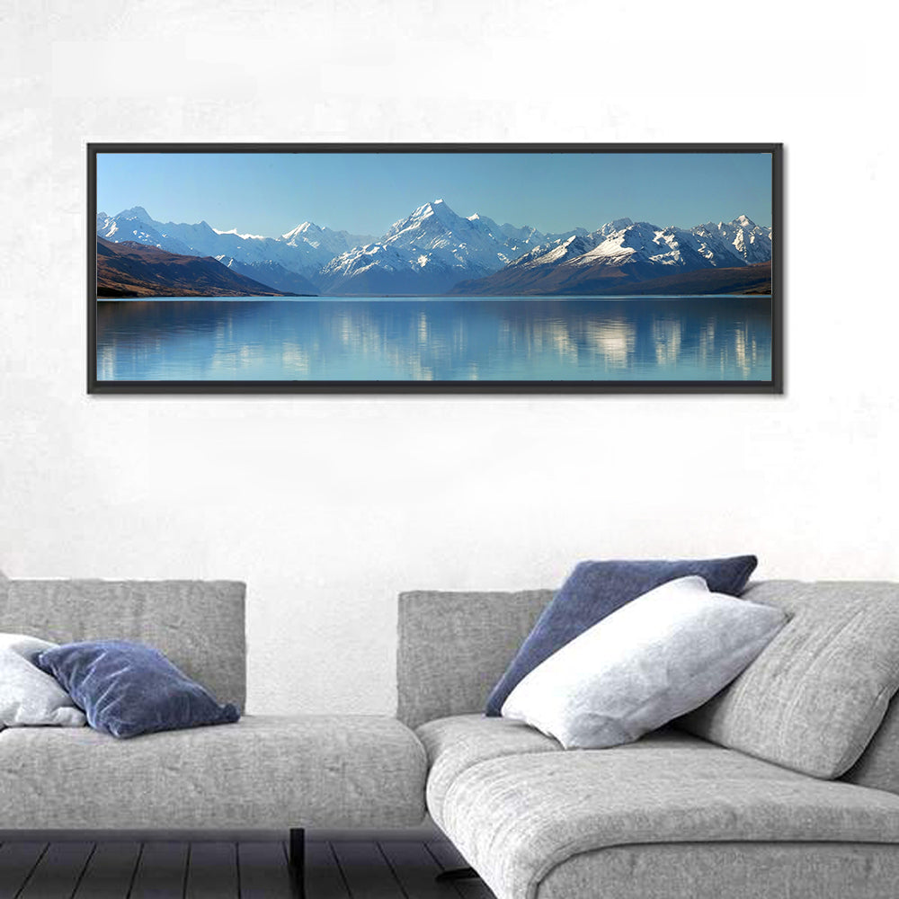 Aoraki Reflection Over Lake Pukaki Wall Art in a room, panoramic