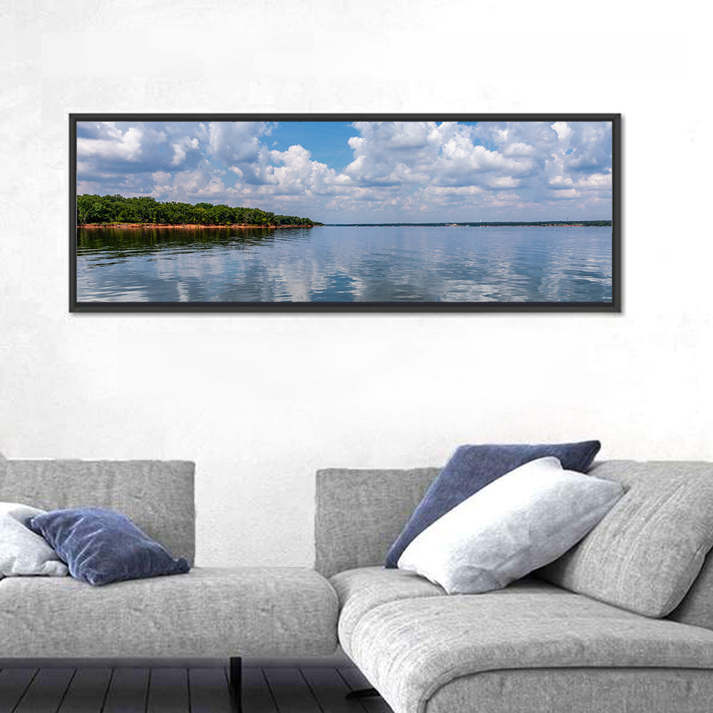 Thunderbird Lake Reflections Wall Art in a room, panoramic