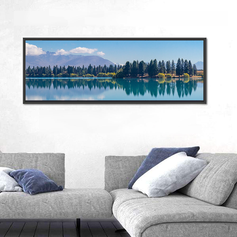 Lake Ruataniwha Reflection Wall Art in a room, panoramic