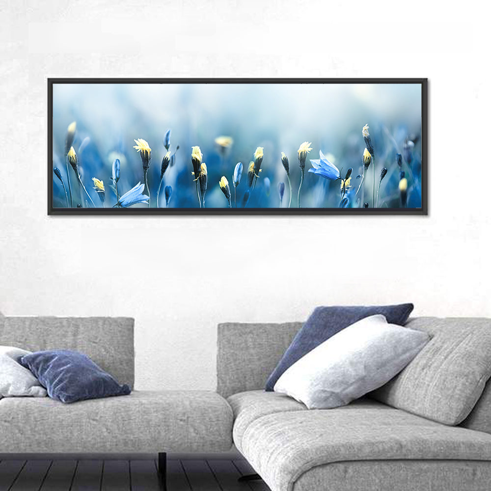 Blue Bellflowers and Yellow Buds Wall Art in a room, panoramic