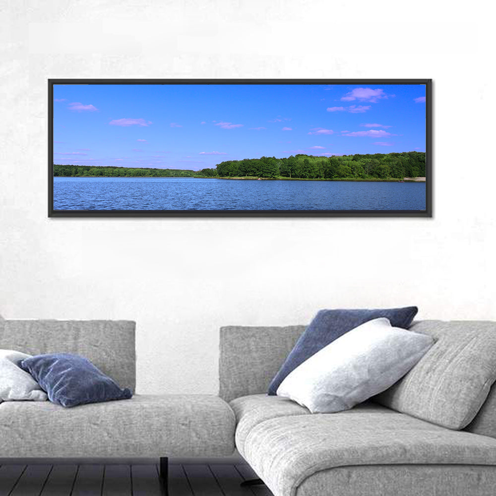 Pierce Lake Shoreline Wall Art in a room, panoramic