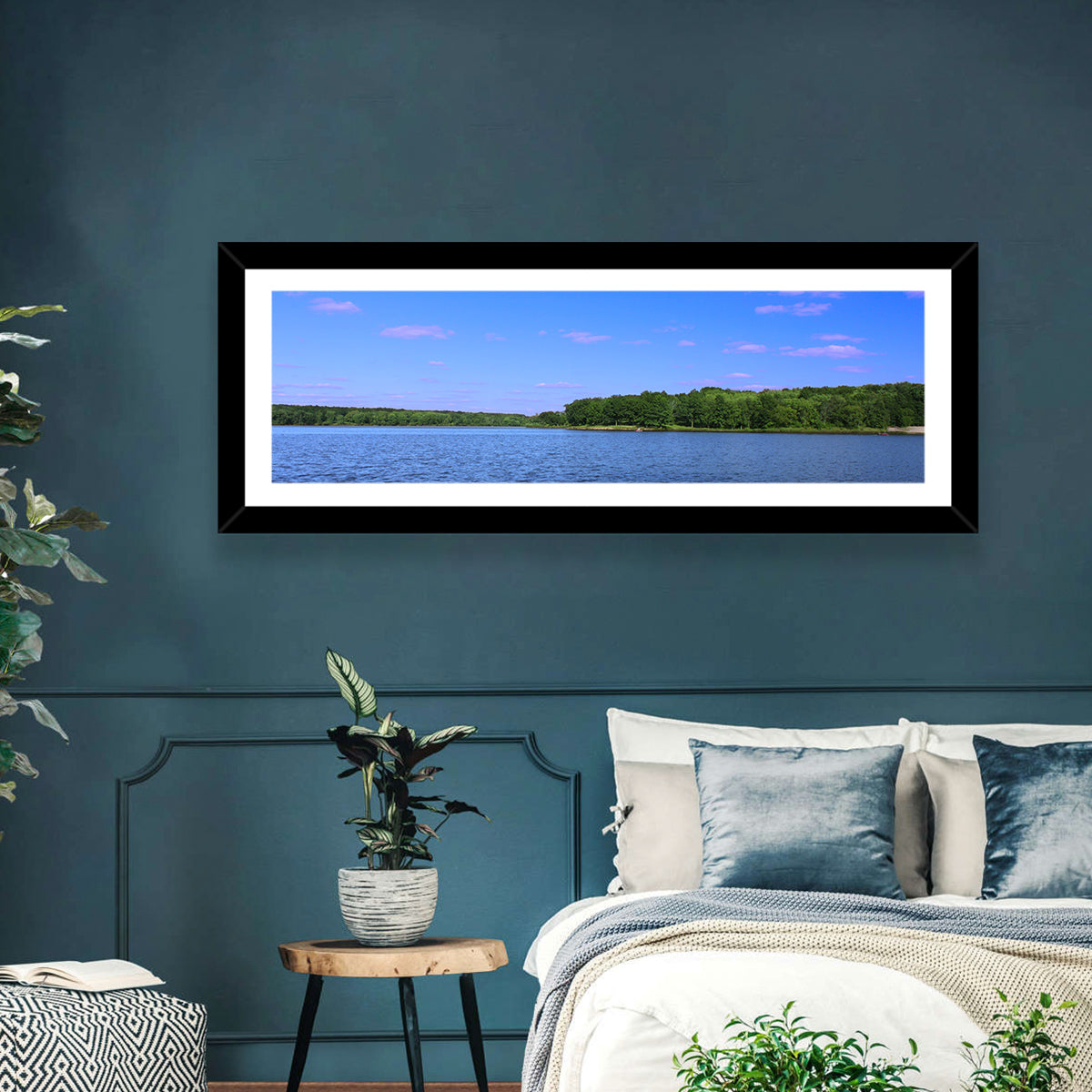 Pierce Lake Shoreline Wall Art in a room, panoramic