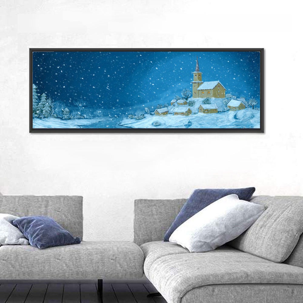 Snowy Village Church at Night Wall Art