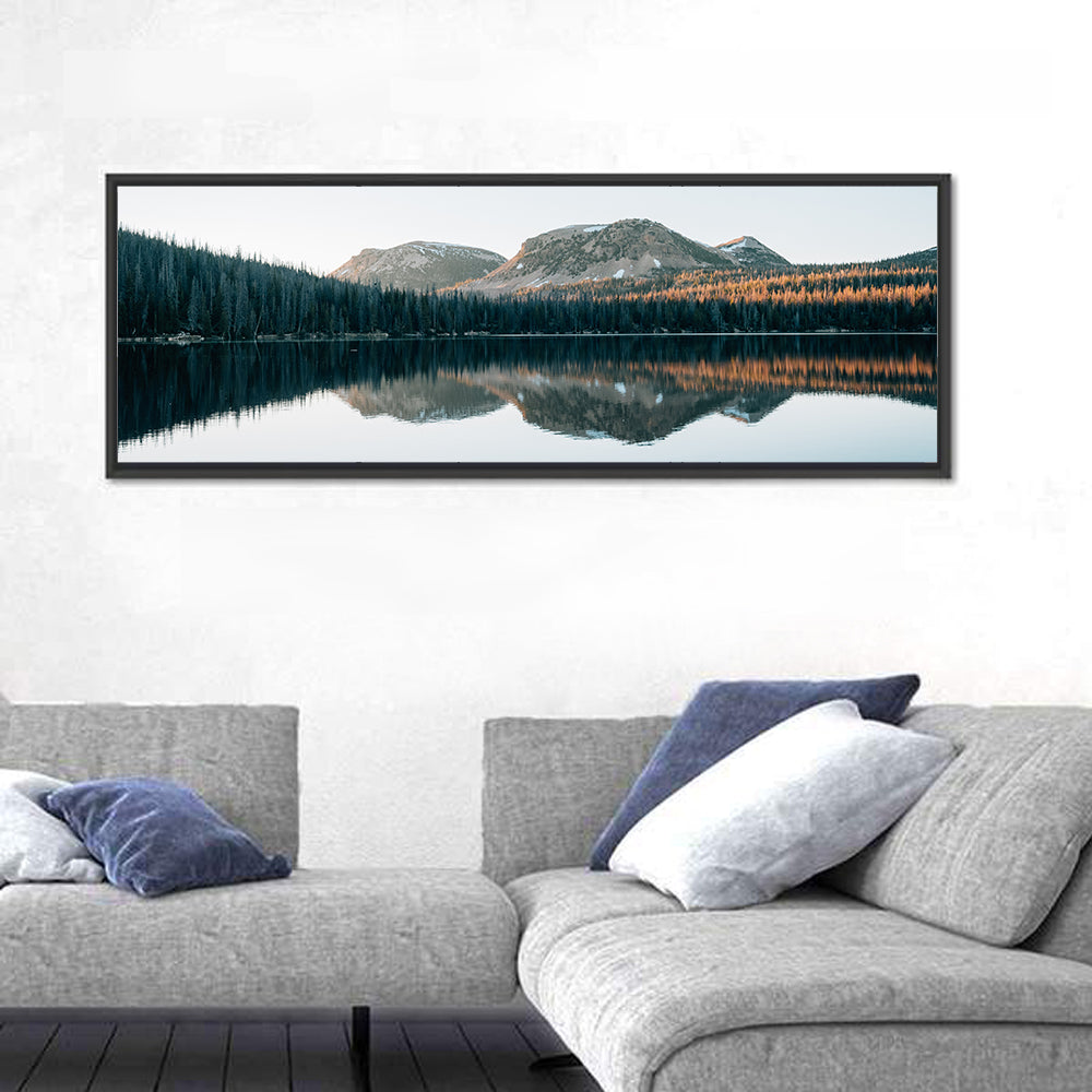 Mirror Lake Utah Reflection Wall Art in a room, panoramic