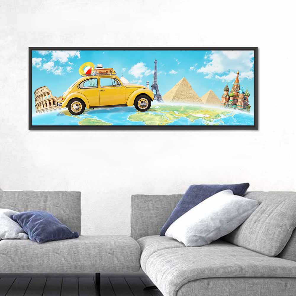 Yellow Beetle World Road Trip Wall Art in a room, panoramic