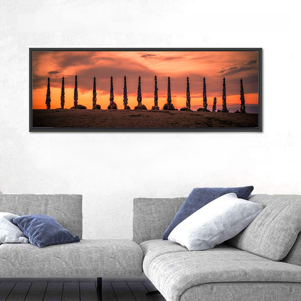 Shaman Pillars at Dusk Wall Art in a room, panoramic