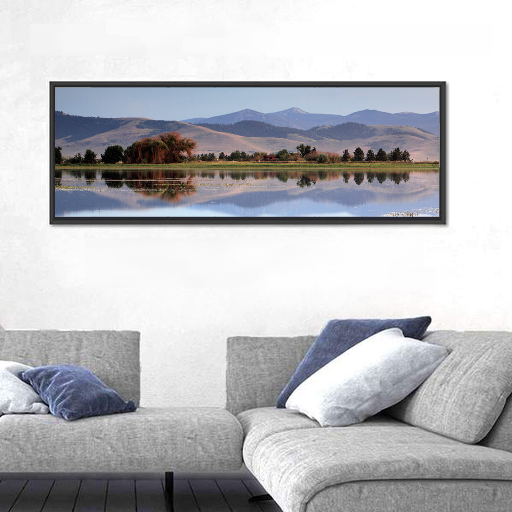 Mission Valley Lake Reflection Wall Art in a room, panoramic