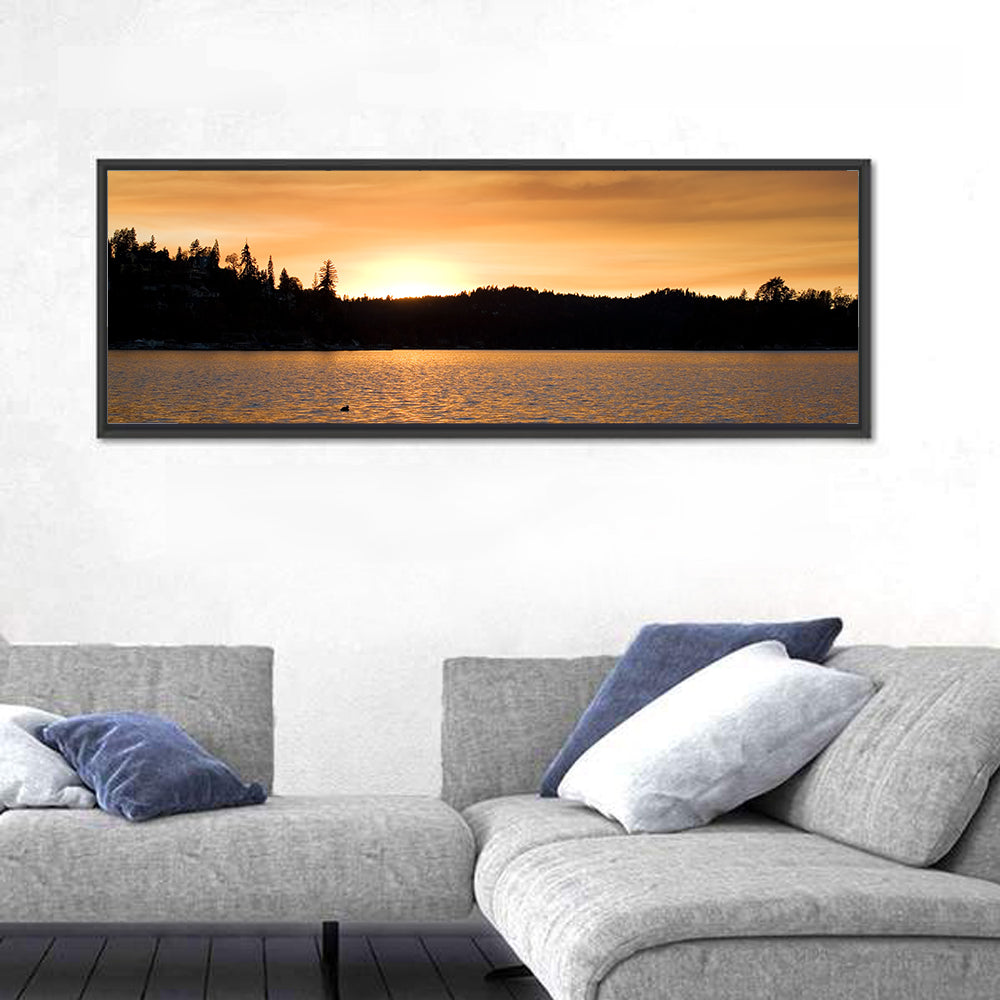 Lake Arrowhead Sunset Wall Art in a room, panoramic