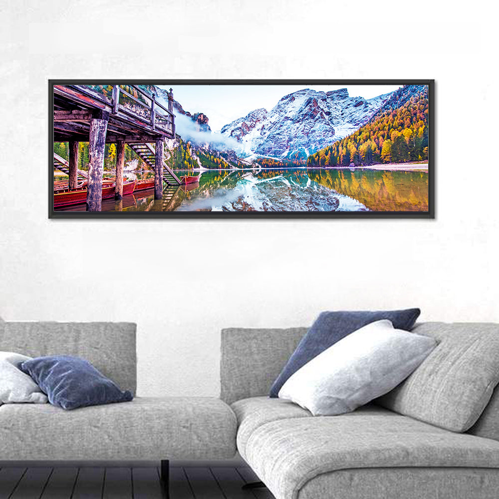 Lago Di Braies Boathouse Wall Art in a room, panoramic