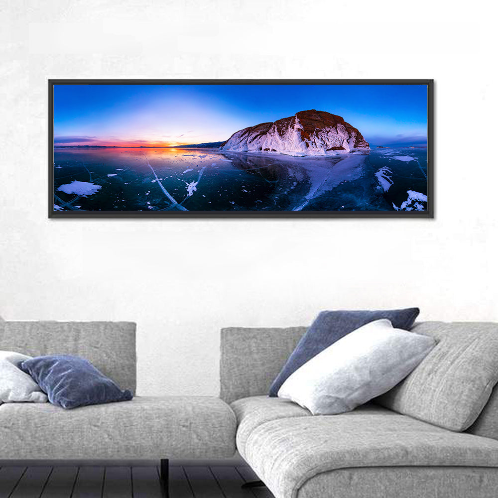 Lake Baikal Winter Sunset Wall Art in a room, panoramic