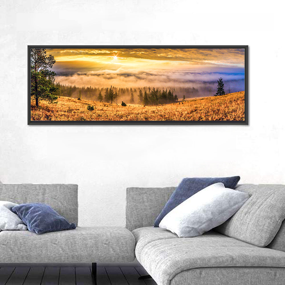 Ural Taiga Sunrise Wall Art in a room, panoramic